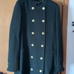 Karen Millen Black Double-Breasted Military-Style Pea Coat with Gold Buttons
